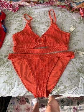 aerie Orange Textured Two-Piece Bikini Set with Keyhole Detail